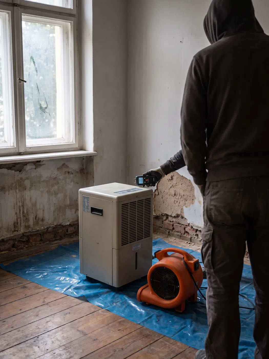 Bautrockner nach einem Wasserschaden in Berlin, Feuchte in der geöffneten Wand wird gemessen