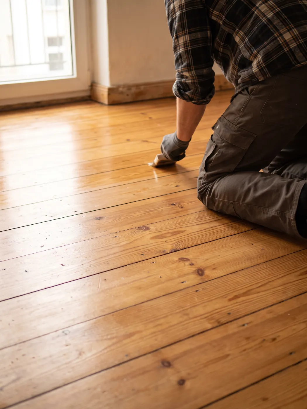 Frisch abgeschliffene und geölte Kieferndielen in einer Berliner Altbauwohnung
