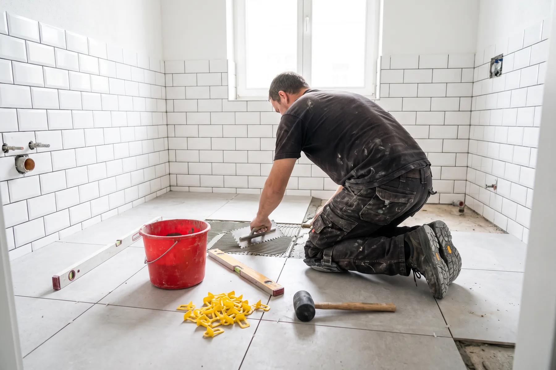 Fliesenleger in Berlin verlegt großformatige graue Bodenfliesen in einem Altbau-Bad