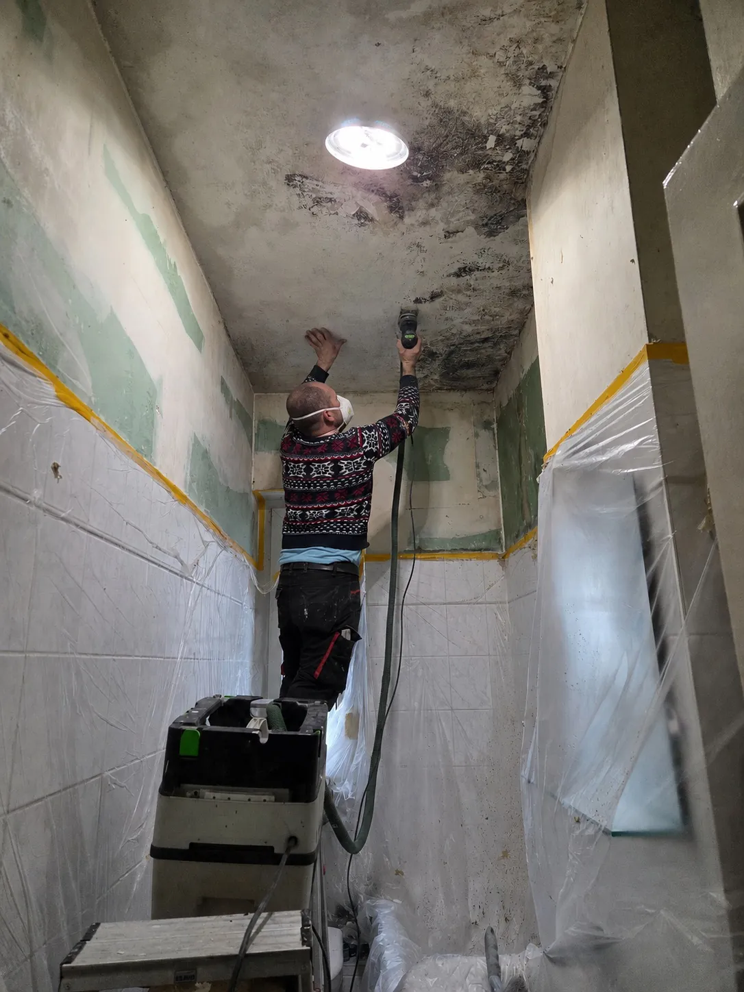 Schimmelbeseitigung im Bad in Berlin: schwarzer Schimmel an der Decke unter abgenommenem Isolierweiß