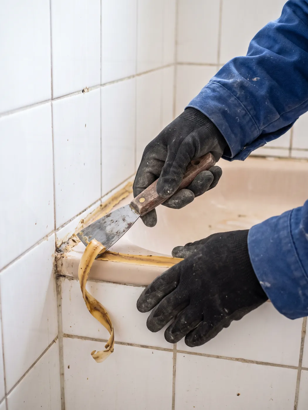 Alte Silikonfuge wird mit dem Fugenmesser an der Dusche entfernt, Silikon entfernen vor dem Erneuern