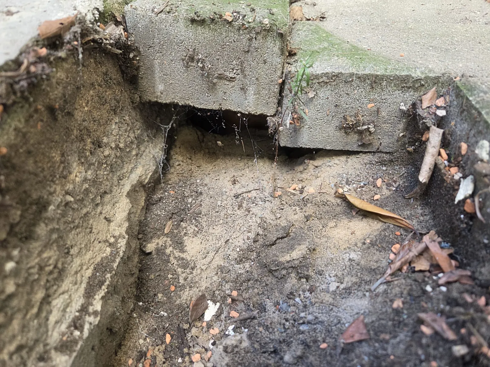 Hohlraum unter der Terrasse an der Hauswand nach dem Aufnehmen der Platten